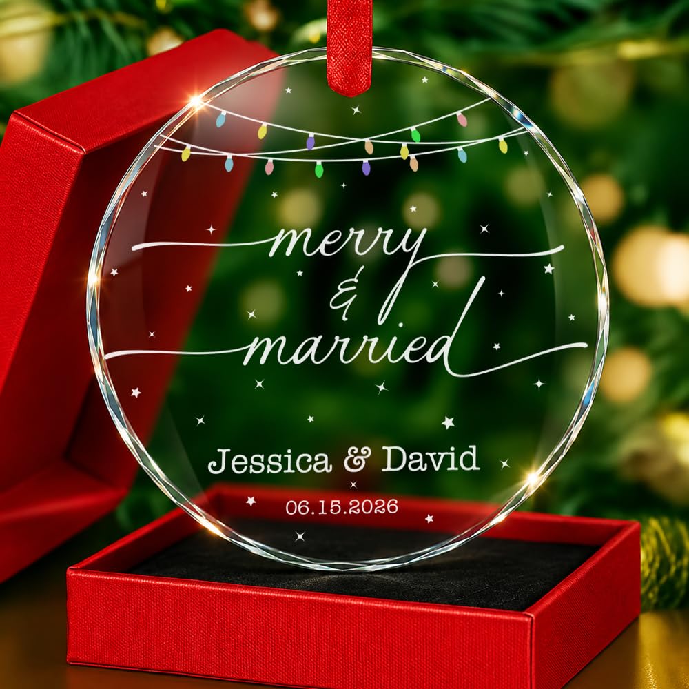 Personalized Merry and Married Crystal Ornament, Custom Date &amp; Names Newlywed Gift for Couple, First Christmas Married Glass Ornament, Wedding Keepsake, Our 1st Xmas Gift Ideas for Couple