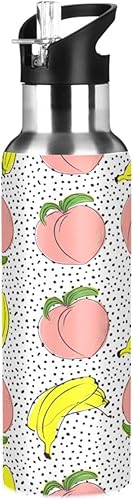 Peaches Bananas Polka Dot Insulated Stainless Steel Water Bottle with Straw 20 Oz, BPA-Free Sports Water Bottle Leakproof Water Bottles