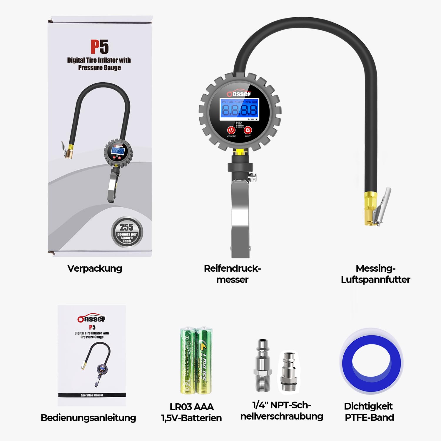 Oasser Misuratore Di Pressione Per Pneumatici Digitale Gonfiatore Pneumatici 255 Psi Tester Digitale Della Pressione Dei Pneumatici Attacco Standard Us&Eu