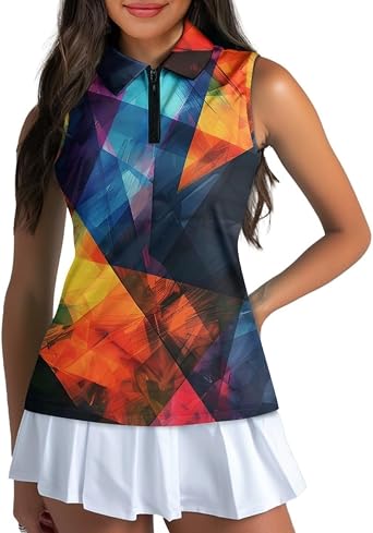 GLUDEAR Womens Sleeveless Golf Polo Shirts Lightweight Athletic Golf Tank Printed Polo Tennis Sport Tops