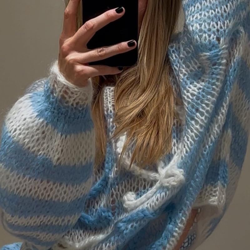 Women Oversized Sweater Y2K Cottagecore Crochet Pullover Striped Knitted Sweater Coquette Cute Striped Sweater Top3