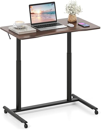 Tangkula Escritorio móvil de pie para computadora, escritorio de pie ajustable en altura con 4 ruedas, escritorio de pie compacto con marco de