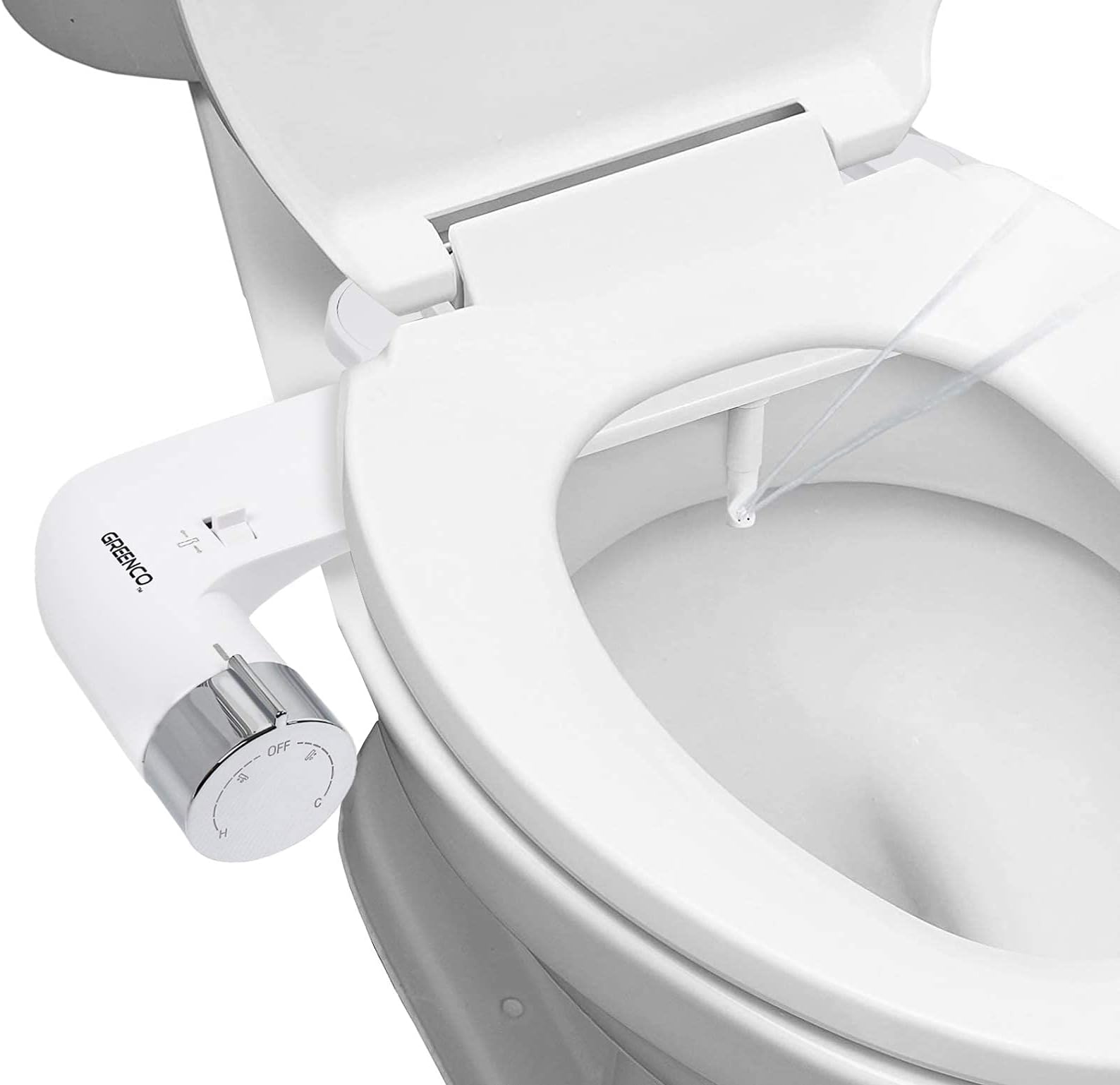 Greenco Slim Hot, Warm and Cold Water Spray Non-Electric Mechanical Bidet Sprayer Toilet Seat Attachment, Stainless Steel Flex Hose, 1 Count (Pack of 1), White | Bathroom Gadgets