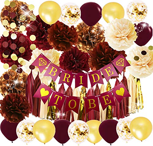 Bridal Shower Decorations Burgundy Champagne Gold/Big Size Tissue Pom Pom Maroon Gold Balloons Bride to Be Banner for Engagement, Bachelorette Party Burgundy Fall Wedding Decorations