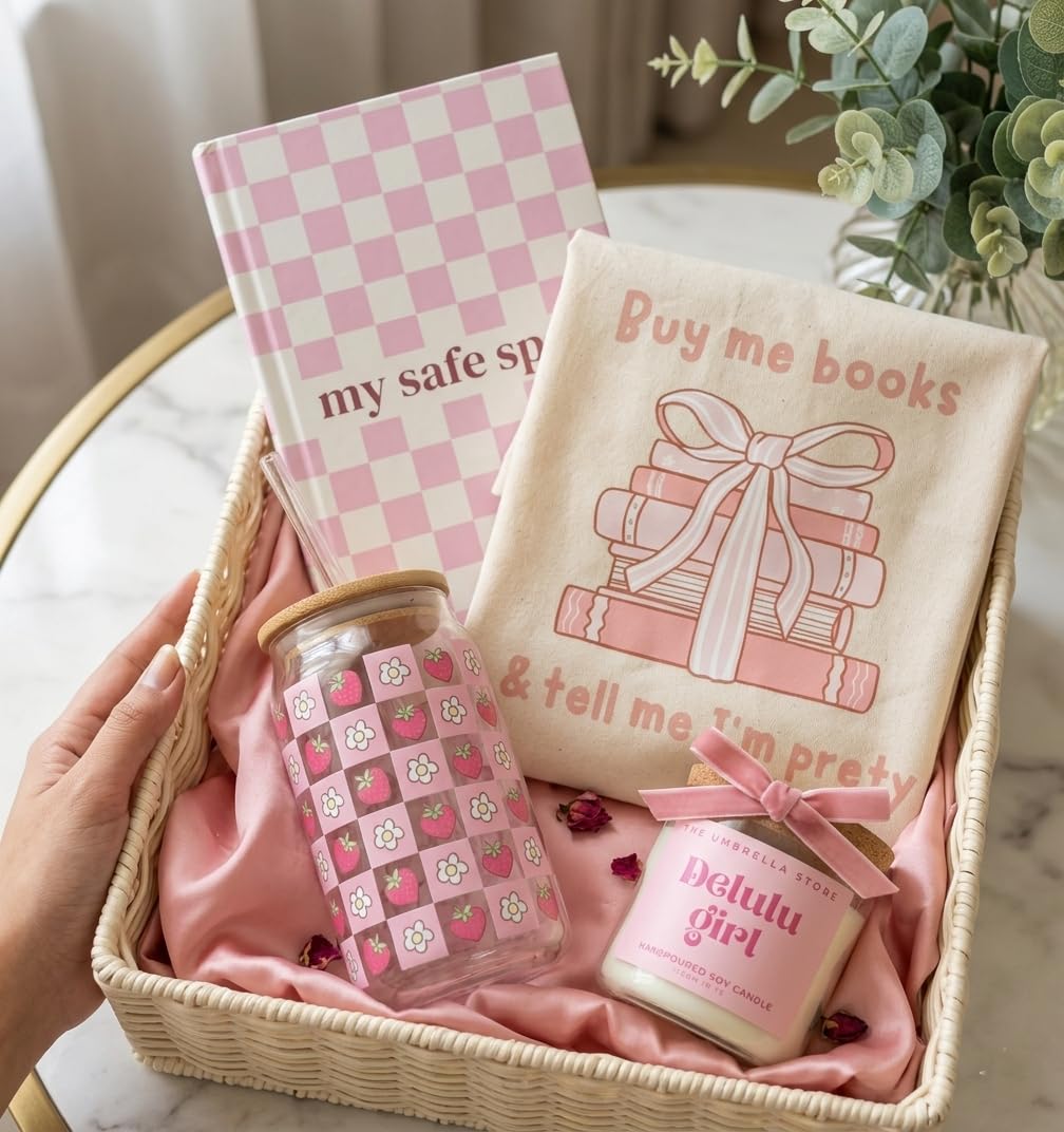 THE UMBRELLA STORE Delulu Girl Coquette Aesthetic Gift Hamper - Curated Cozy Box with Pink Checkered Book, Strawberry & Flower Glass Tumbler (Delulu gi)-image-35