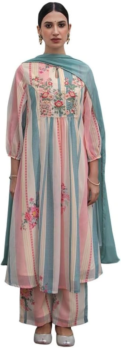 Indian Women's Georgette Cream Floral Print Festive Wear Kurta Set for Women