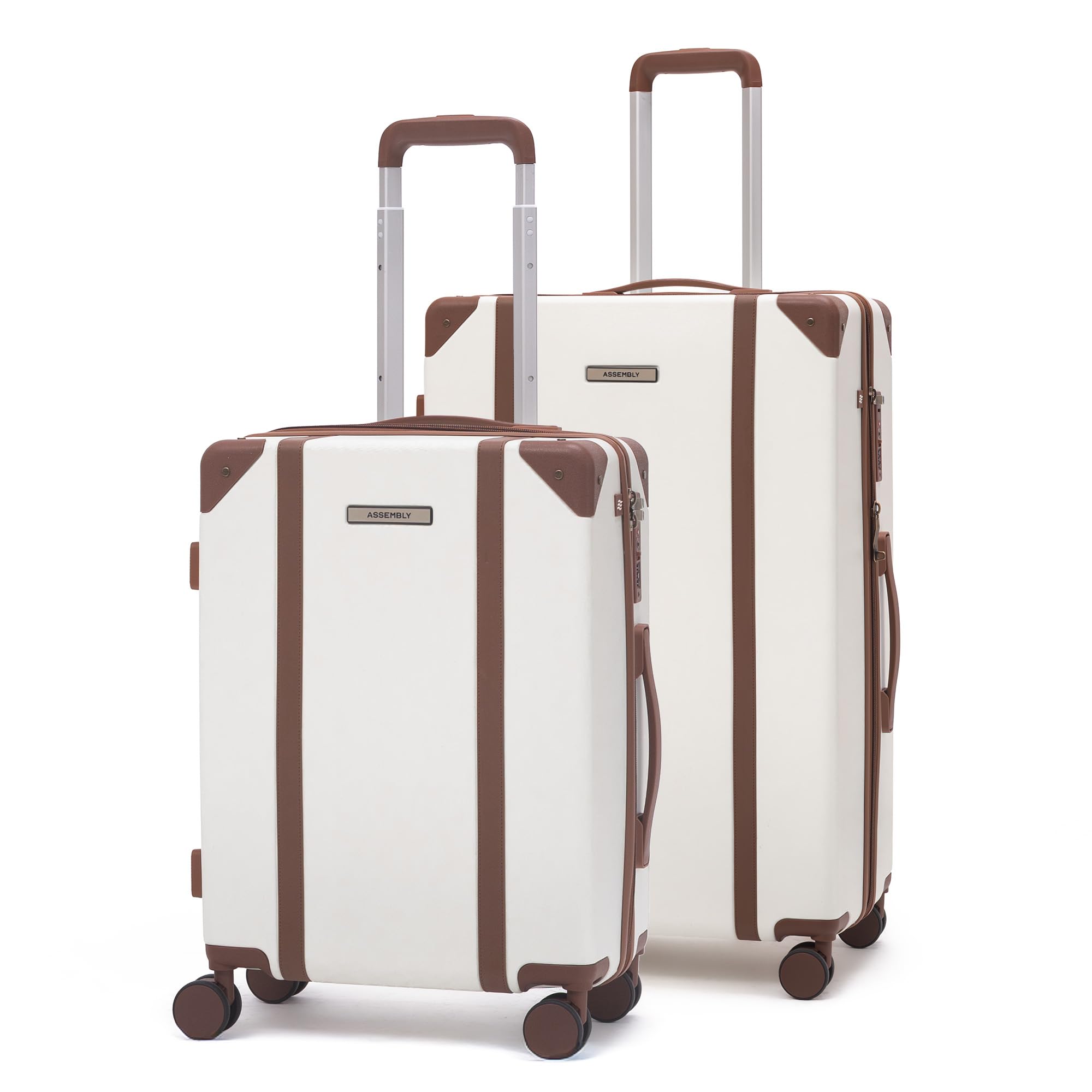 Assembly Vintage Hard Luggage Set of 2 Trolley Bags, Polycarbonate Classic-Inspired Luggage Set, TSA Lock, Silent 8 Spinner Wheels, Hard Shell Suitcase Set White