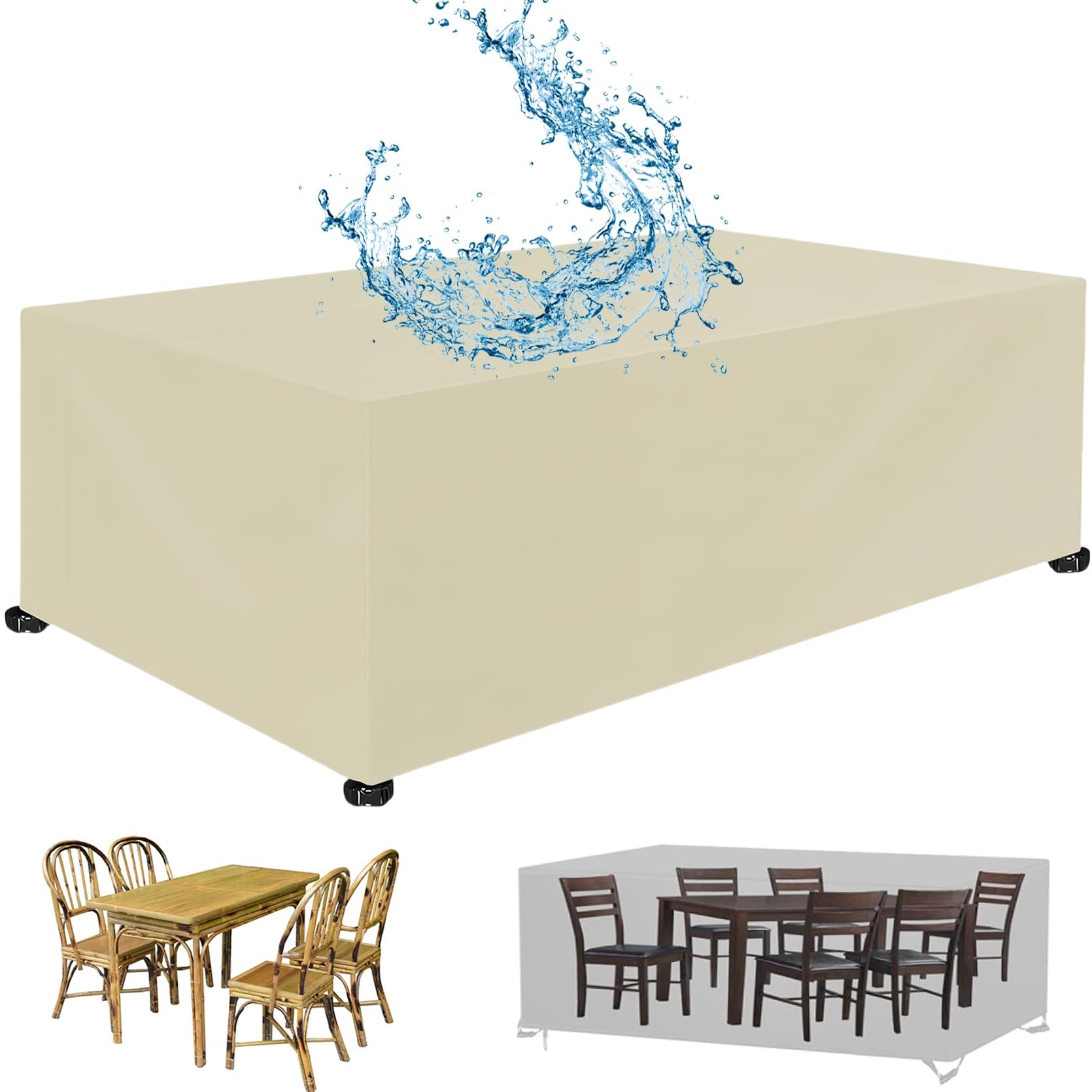 Copertura per Tavolo da Giardino 220 x 230 x 220 cm Impermeabile Resistenza Ai Raggi UV Antivento, Copritavolo Esterno Telo Copertura Tavoli Oxford, per Mobili da Giardino, Beige