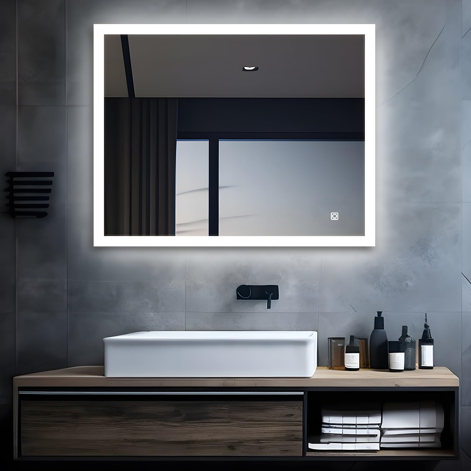 MIQU Espejo de baño LED con iluminación 80x60cm,Espejo de baño Grande con botón táctil - Blanco - 6500 K - Luz - Espejo de Pared para baño, WC, Pasillo