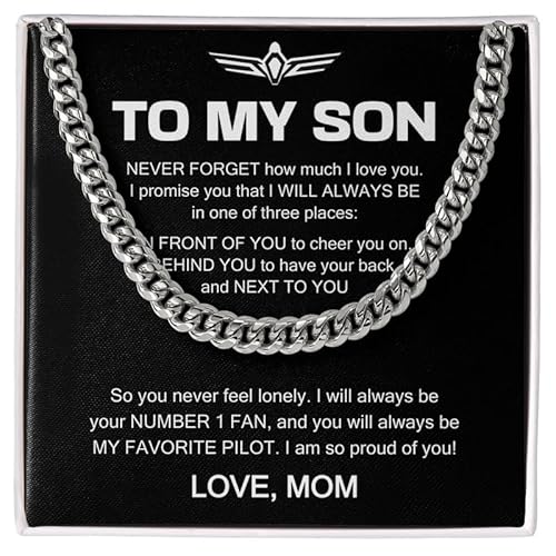 Flairy Land Pilot Son Necklace Cuban Chain Silver - Never Forget How Much I Love You - Appreciation Captain Aviation Flight Jet From Mom