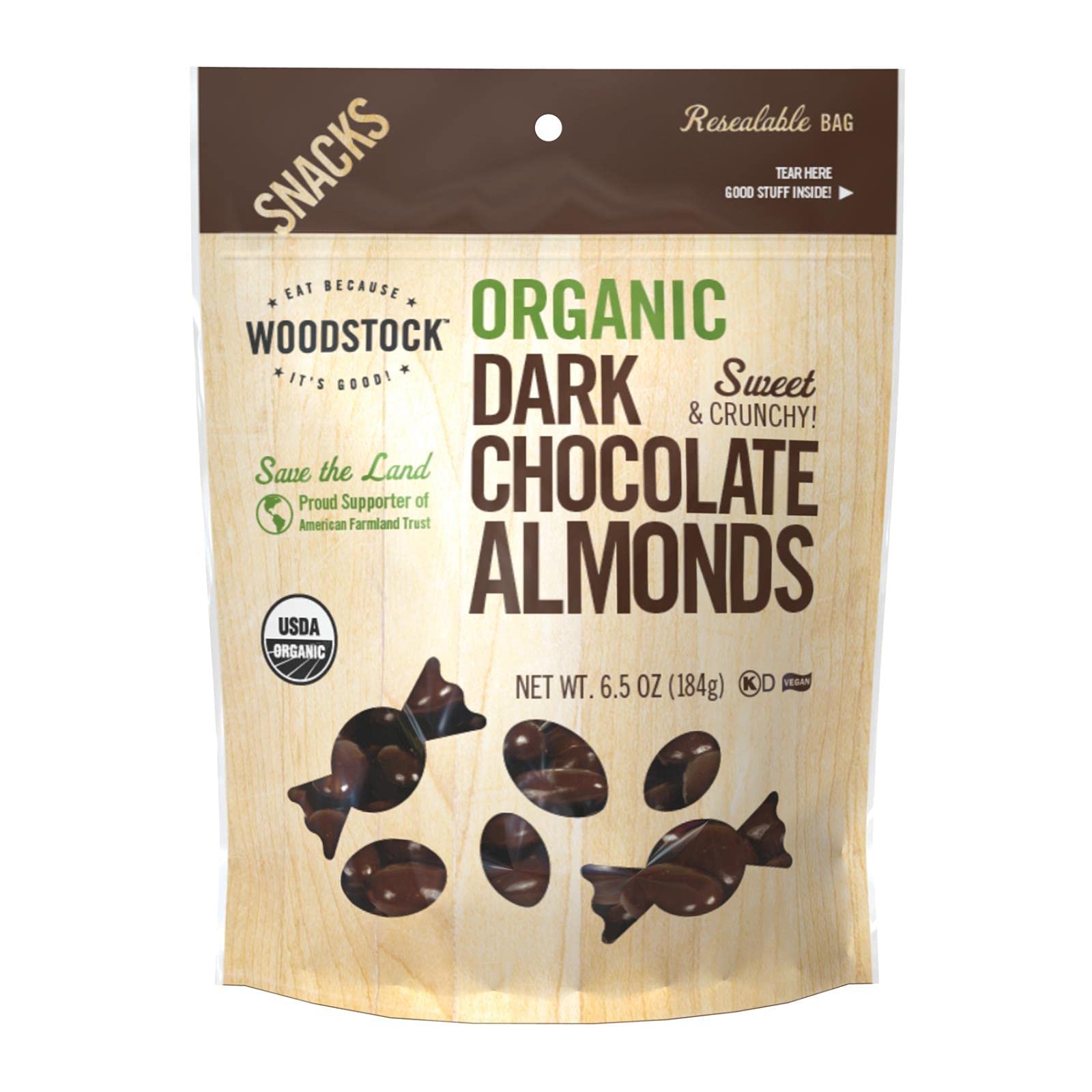 Woodstock Snacks - Organic - Dark Chocolate Almonds - Sweet And Crunchy - 6.5 Oz - Case Of 8