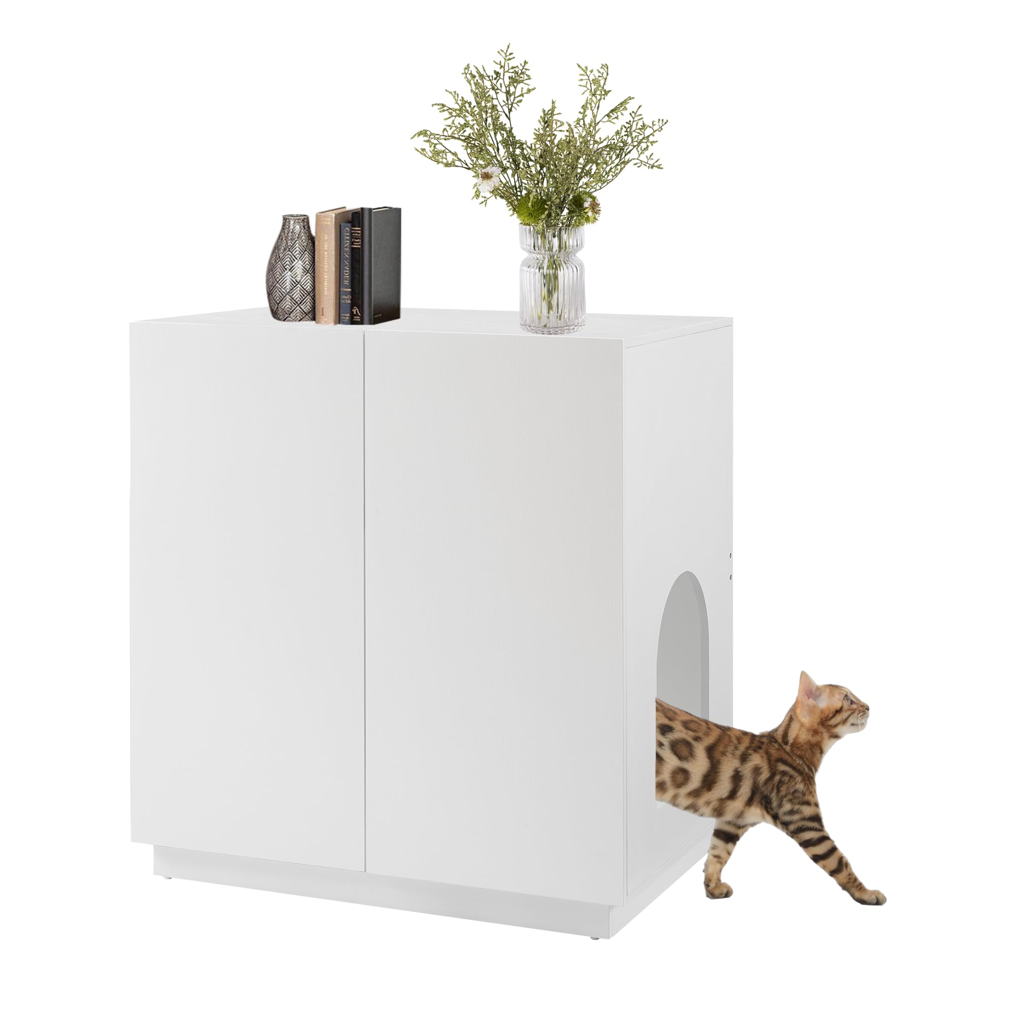 unipaws Tall Cat Litter Box Enclosure with Shelves, Hidden Litter Box Cover for Tall or Top Entry Litter Box, Kitty Enclosed Litter Box Cabinet, Cat Box Furniture， White