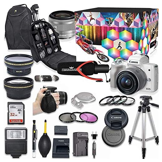 Canon EOS M50 Mirrorless Digital Camera with 15-45mm Lens Kit (White) + Wide Angle Lens + 2X Telephoto Lens + Flash + SanDisk 32GB SD Memory Card + Video Accessory Bundle