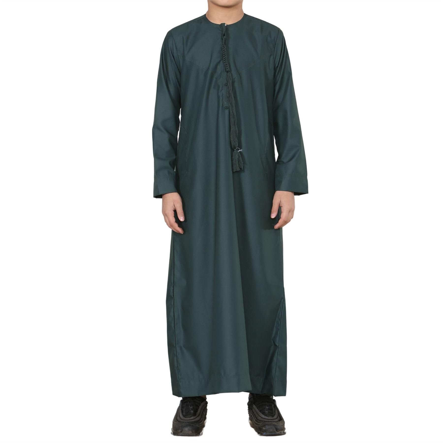 Boy's Thobe Emirati Omani Jubba Islamic Clothing Muslim Kaftan Eid Robe String Tassel - Olive 38