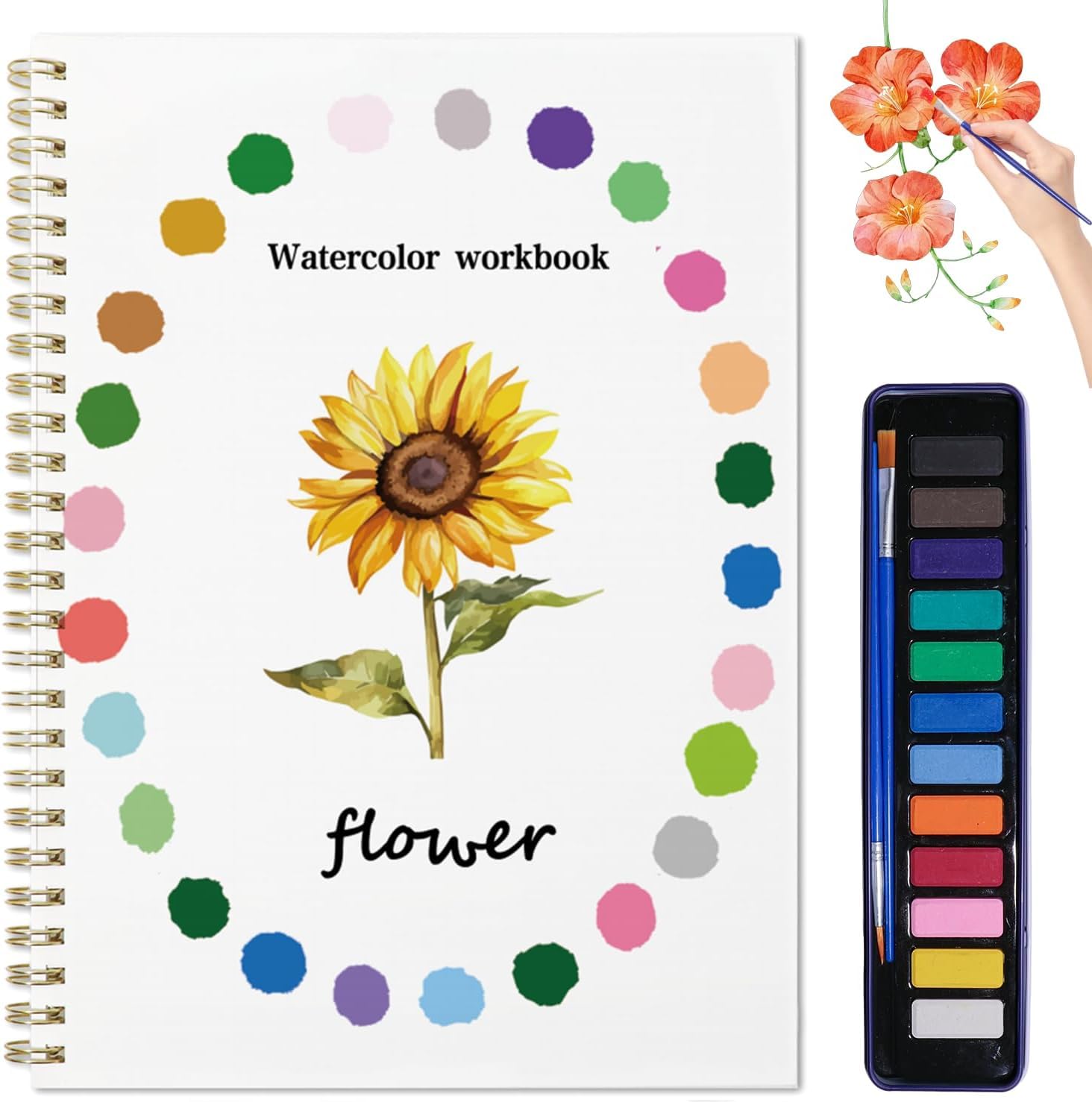 Watercolor Workbook, Water Coloring Book, 12 Different Patterns of Original DIY Designs, 12 Colors Watercolor Paint Set with Palette and Brush,