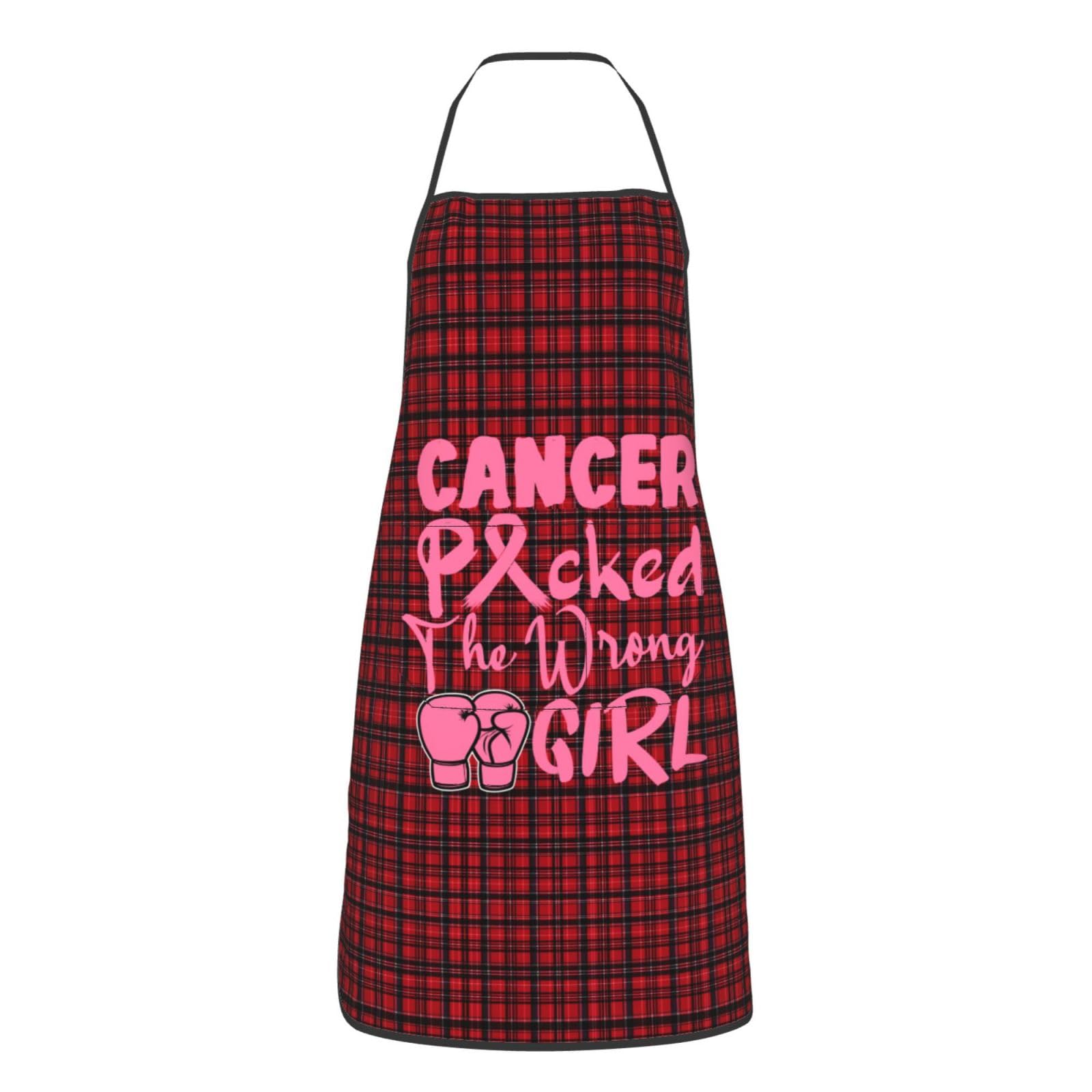 nopicsn Cancer Picked The Wrong Girl Breast Cancer Apron for cooking with Pockets Women Men Kitchen Chef Funny Aprons