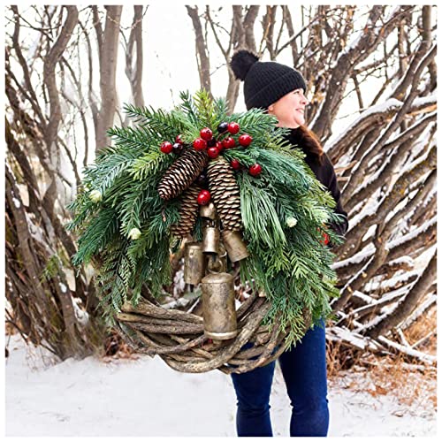 Farmhouse Christmas Wreaths for Front Door, 14 Inch Rattan Wreaths for Decorating Christmas, 2021 Golden Bells Hang Center Door Winter Wreath