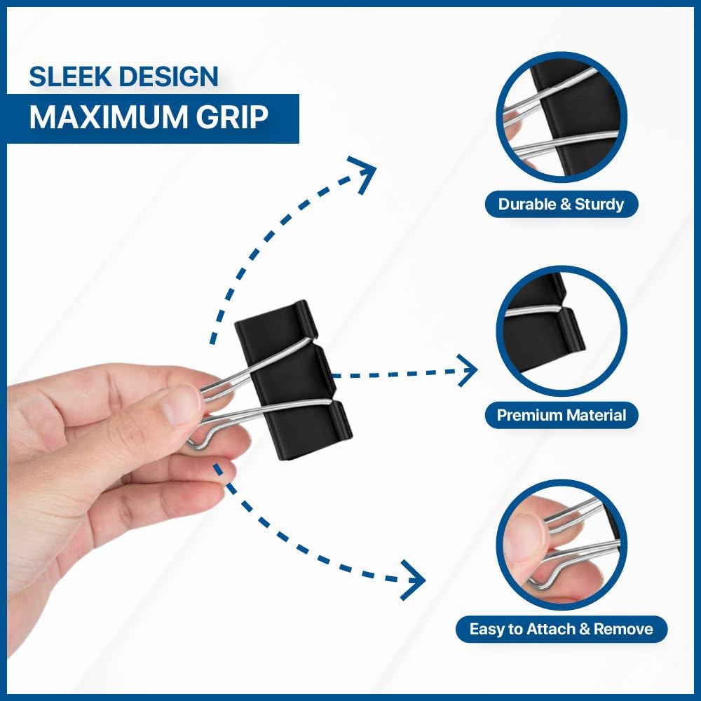 230 Pack Assorted Size Binder Clips [100 Bonus Paper Clips] - 6 Sizes Paper Clamp - Sturdy Container Included (Black)