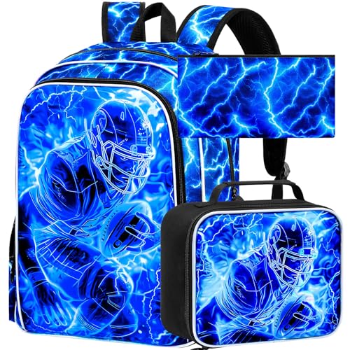 Image of 3Pcs Football Backpack for School, Kids Boys Lightning Bookbag with Lunch Box, 17 inch Backpacks for Elementary Preschool Kindergarten (Blue)