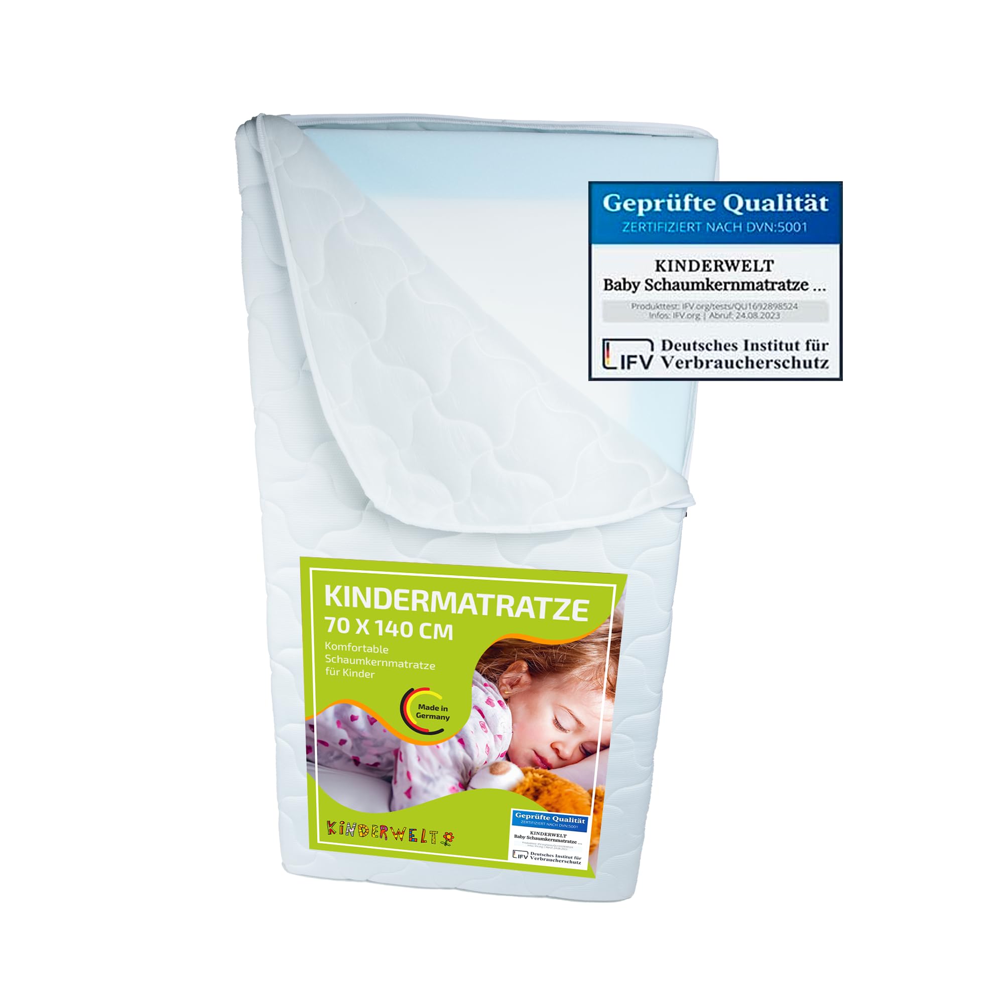 KiNDERWELT Babymatratze 140x70x7 cm, mit Trittkante, Schaumkernmatratze Komfortbezug gesteppt, Matratze für Kinderbett, Schaumstoffmatratze Kinder, Made in Germany