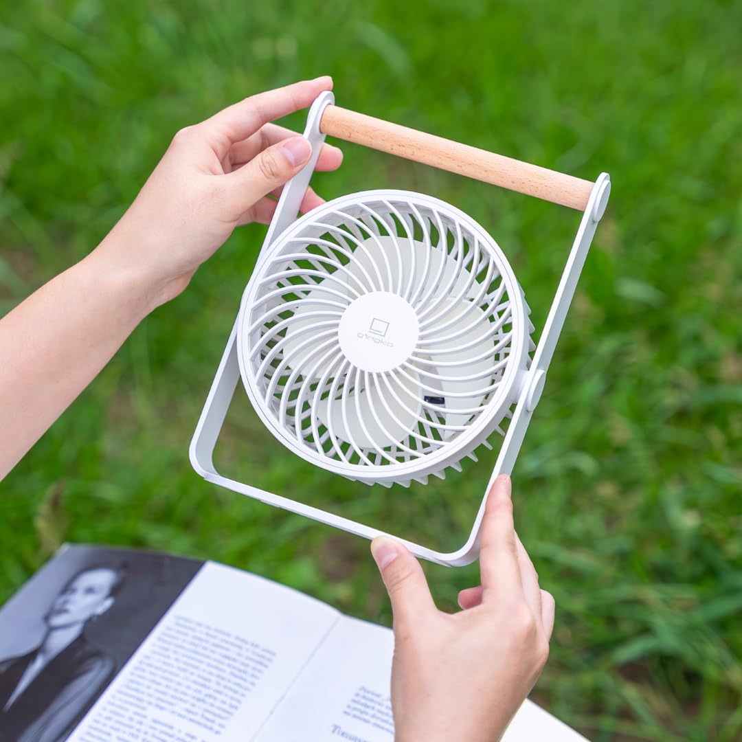 Gingko Lyra - Ventilador portátil - Ventilador de escritorio recargable por USB blanco lunar con mango de madera, ventilador de refrigeración silencioso ajustable de 360°, 3 velocidades + modo de