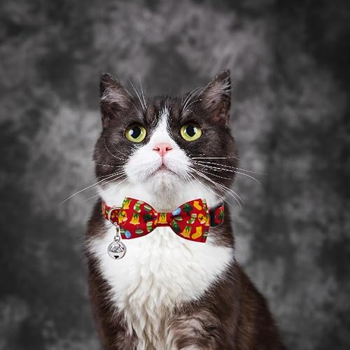 Miniatura 6 de Paquete de 2 collares navideños para gatos con pajarita y campana, collares de gatito con corbatín de seguridad, rojo y verde