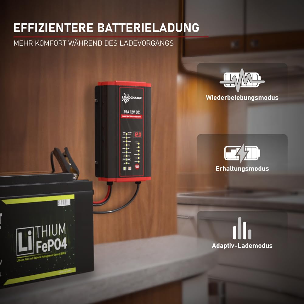 Loadchamp LiFePO4 Ladegerät 12V 35A Lithium Batterie Solar Solarbatterie Autobatterie Blei-Säure Gel AGM