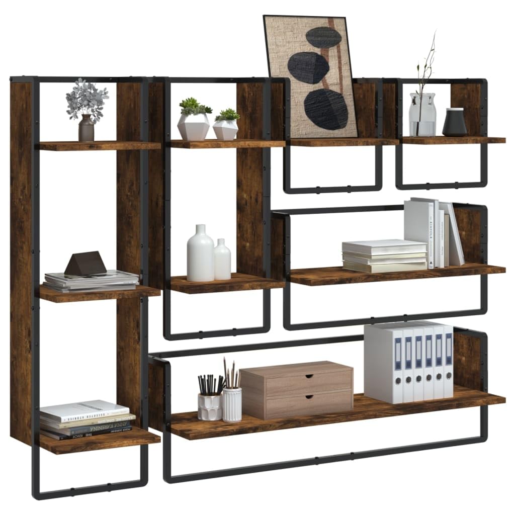 Set di 6 mensole da parete sospese con aste in metallo, legno di rovere affumicato, dimensioni per scaffale da 30 x 25 x 65 a 65 x 100 x 30 cm, per cucina, bagno, corridoio, ufficio