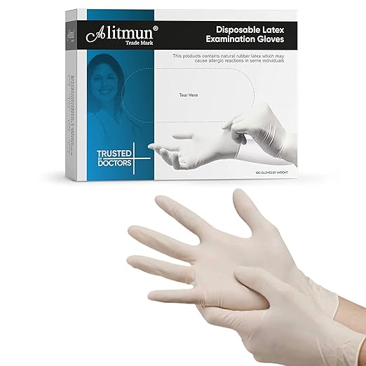 ALITMUN Medi-Safe Latex Gloves, Medical Examination Gloves, Disposable Powdered Hand Gloves, Non-Sterile Gloves