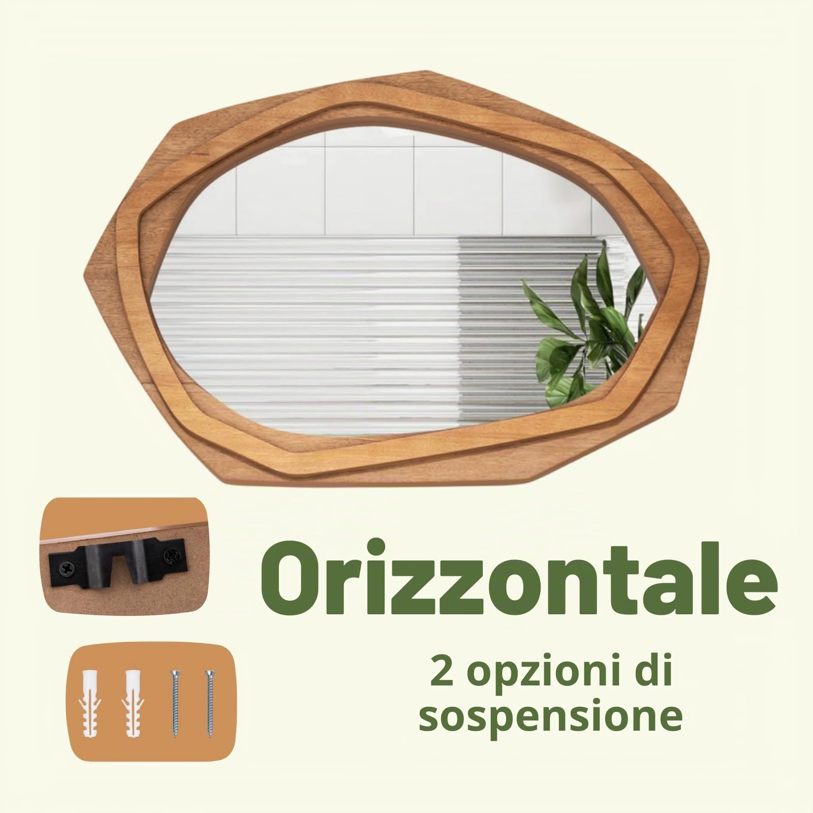 LIFEZEALSpecchio da parete irregolare, HD, cornice in legno, design astratto e rustico, specchio infrangibile per soggiorno e bagno (66 x 89,5 cm)