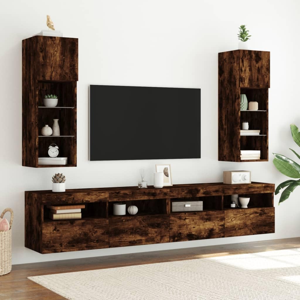 Générique Chene Fume szafka pod telewizor LED 30,5 x 30 x 90 cm | Solidne drewno konstrukcyjne, oświetlenie LED RGB, mocowanie na ścianie, duża pamięć DVD