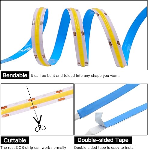 Miniatura 6 de XUNATA Tira de luces LED COB flexible, 3.3 ft3.3 pies de cuerda de luces LED COB flexible DC 5V 320 LEDsm blanco cálido 3000K no impermeable USB