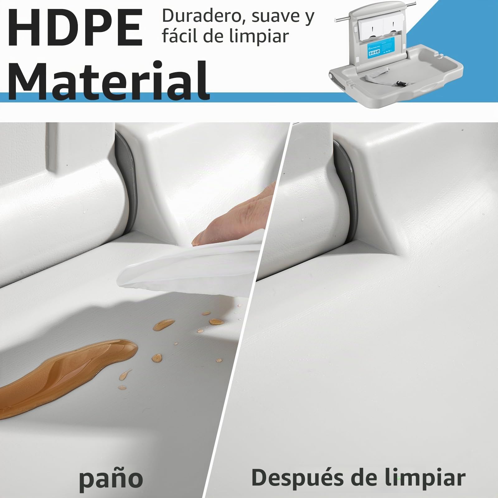 Cambiador con escudo de Bebé Cambiador de Pared Cambiador de Bebé Plegable Cambiador de Pañales Baños Comerciales Horizontal HDPE Meterial con Correa de Seguridad Blanco Gris