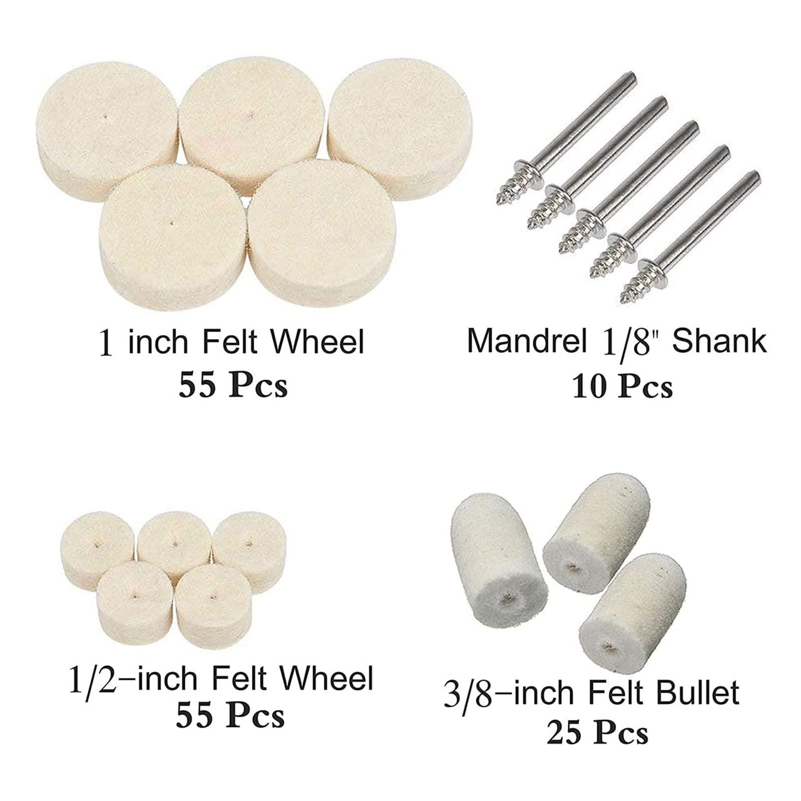145Pcs Lana Feltro Montato Lucidatura Ruota di Lucidatura OD 3-20mm Testa Abrasiva for Trapano Utensile Rotante 3mm Gambo Go (Color : 132pcs)