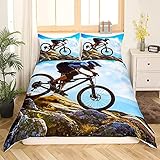 Loussiesd Mountainbike Bettwäsche Set Kinder Jungen Teens Extrem Sport Thema Bettbezug 3D Dirt Bike Bettwäsche 135x200cm Fahrradfahrer Tagesdecke, Zimmer Dekor 2 Stück Bettwäsche