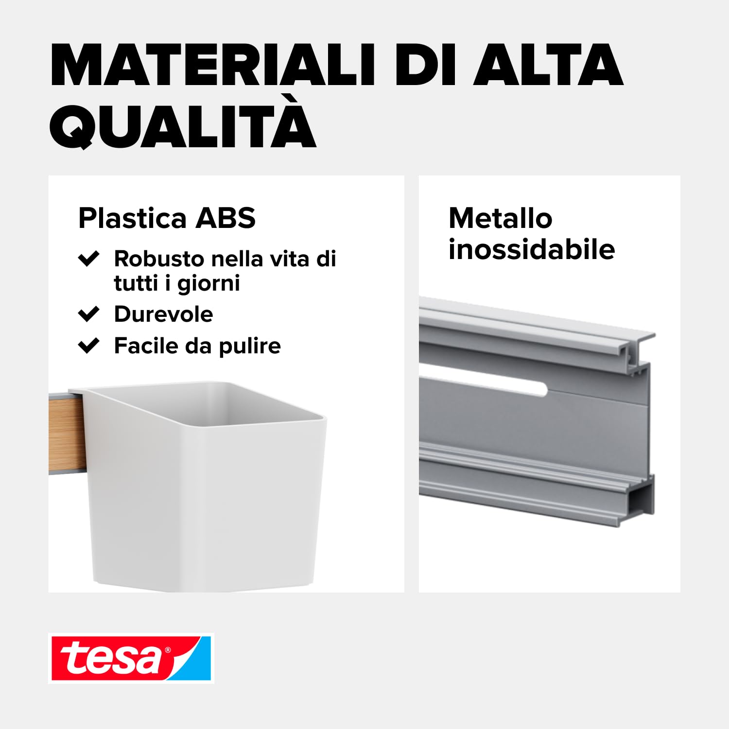 Tesa Kitchen Organizer da Cucina Combi Set S - Barra Autoadesiva con Vaso per Erbe Aromatiche, 2 Ripiani, Binario con 3 Ganci - Montaggio senza Foratura - Bambù/Bianco