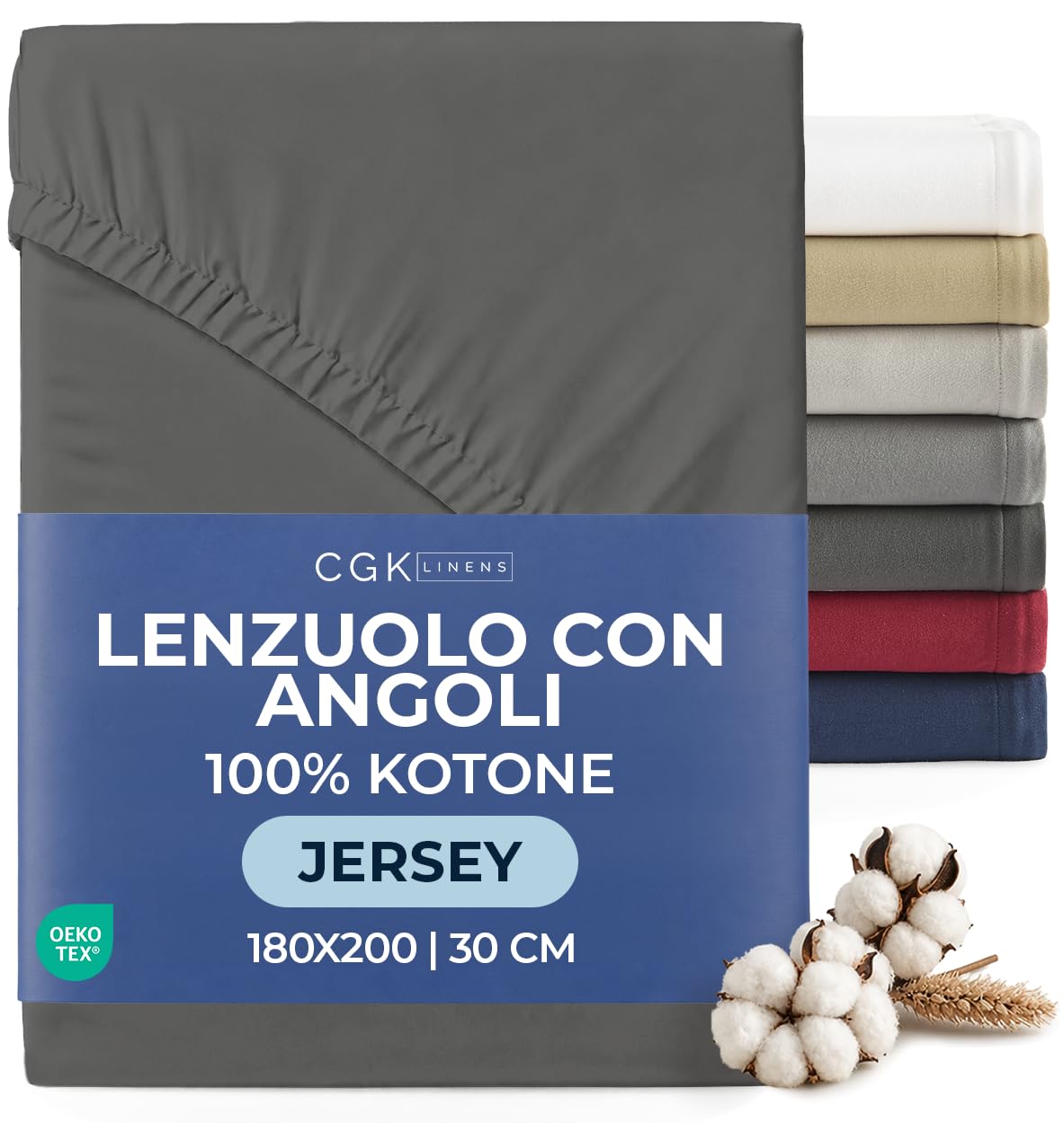 Lenzuolo con angoli 180x200 cm Antracite - 100% Jersey Cotone morbido & traspirante - Tasca 30 cm / 12" - Anti-grinze, Resistente, Ipoallergenico & Traspirante - Certificato OEKO-TEX Standard 100