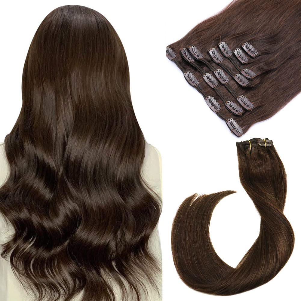 Ubetta Human Hair Clip in Hair Extensions, Dark Brown Remy Hair Extensions Clip in 7 Pieces 70Gram Straight Double Weft Real Hair Extensions 20inch Clip on 2 Sets Full Head for Women