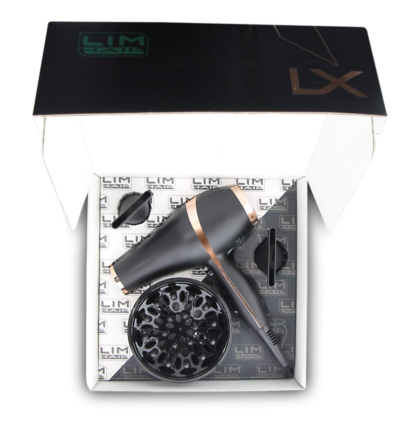 Secador de cabello LIM HAIR LX. LUXURY, NanoSILVER, 2200 W, PROFESIONAL, vida Extra larga,ligero. 2 boquillas y difusor (NEGRO)