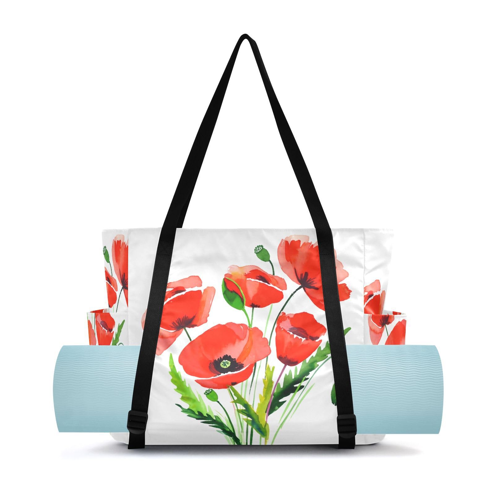 Lxqimora Green Watercolor Poppy Flower Yoga Mat Bag for Women Water-Resistant Gym Bag with Yoga Mat Holder Tote Bag for Yoga Mat Blocks