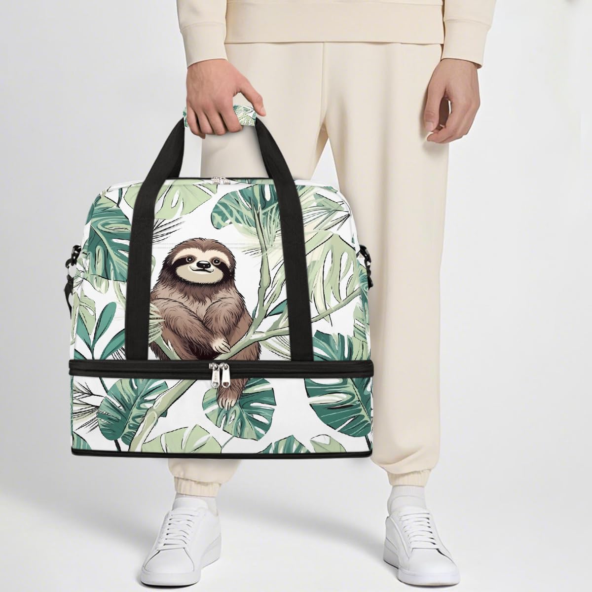 Borsone da viaggio pieghevole con foglie di palma bradipo, borsa da palestra espandibile con scomparto per scarpe, borsa da weekend di grande capacità, borsa da portare con sé, per viaggi, sport
