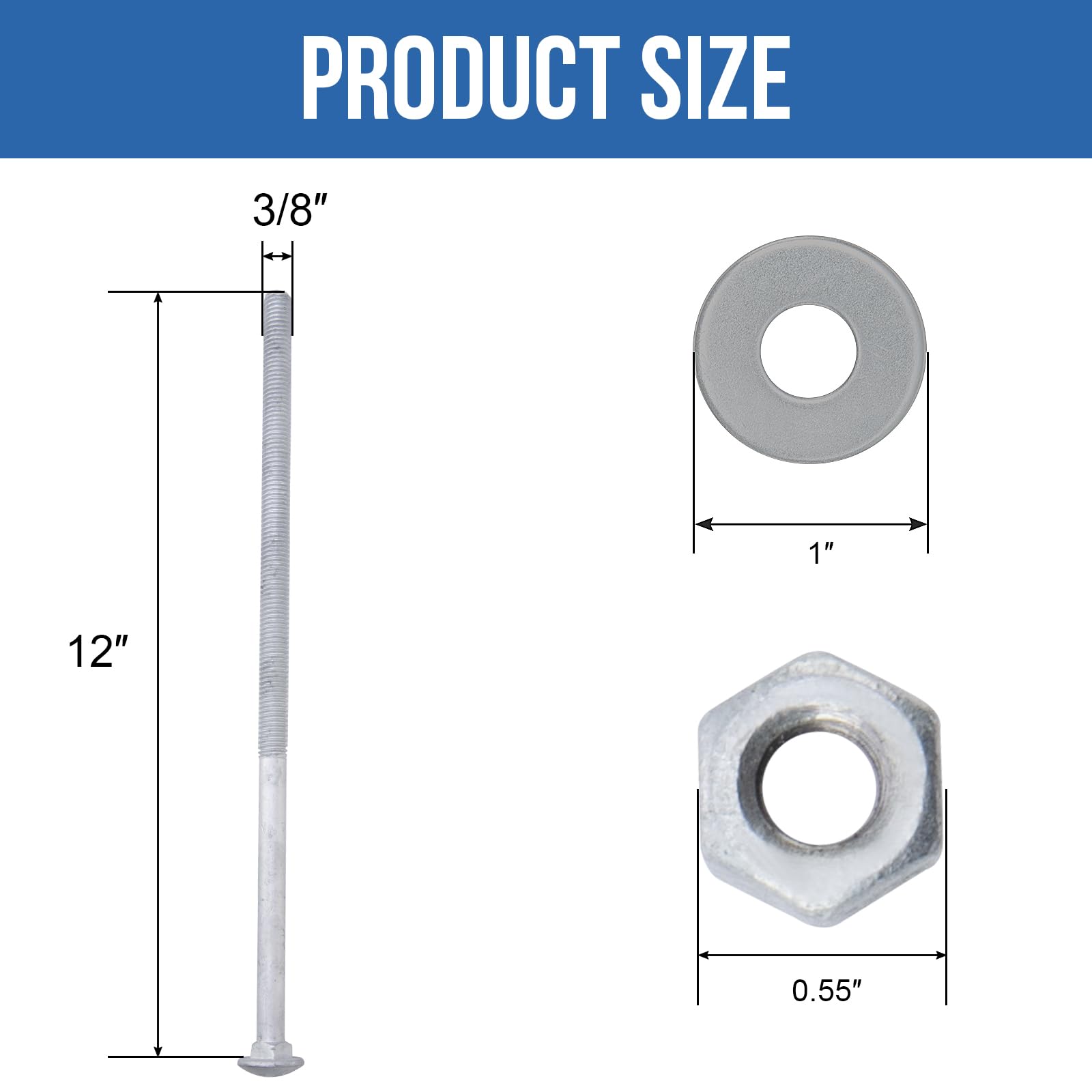 3/8" Galvanized Carriage Bolts - 12 Pack -2