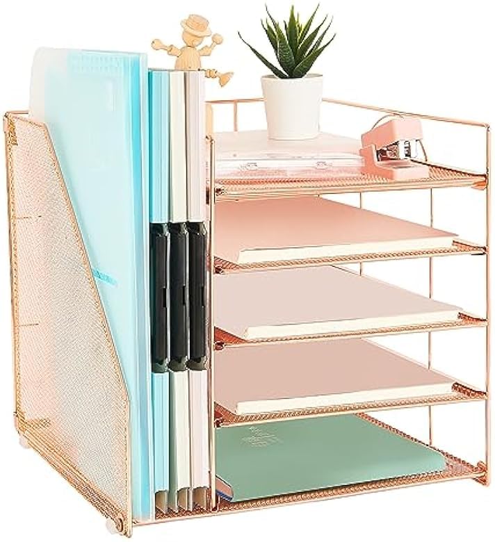 AUPSEN Office Desk Organizer, 5-Tier Paper Letter Tray with File Holder Multifunction Office Supplies and Accessories for Office School Home (Rose)