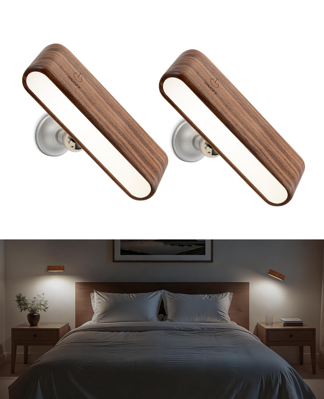 Aplique de pared LED de madera magnético giratorio de 360°, mini lámpara de brillo ajustable, luces nocturnas recargables, luz de lectura alimentada por pilas, para mesita de noche, pasillo, sala de