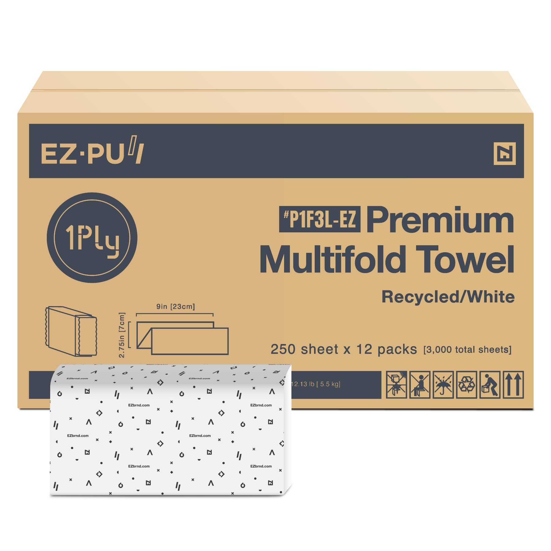 EZ-Pull - Papel de toalla de mano multiplegable de 1 capa, certificado FSC reciclado/blanco, 250 hojas x 12 unidades, P1F3L-EZ
