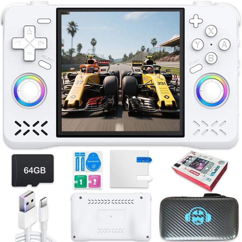 Nueva consola de juegos portátil retro, pantalla IPS de 4 pulgadas con bolsa de almacenamiento, 64G integrada con 18000 juegos, sistema Linux, mini