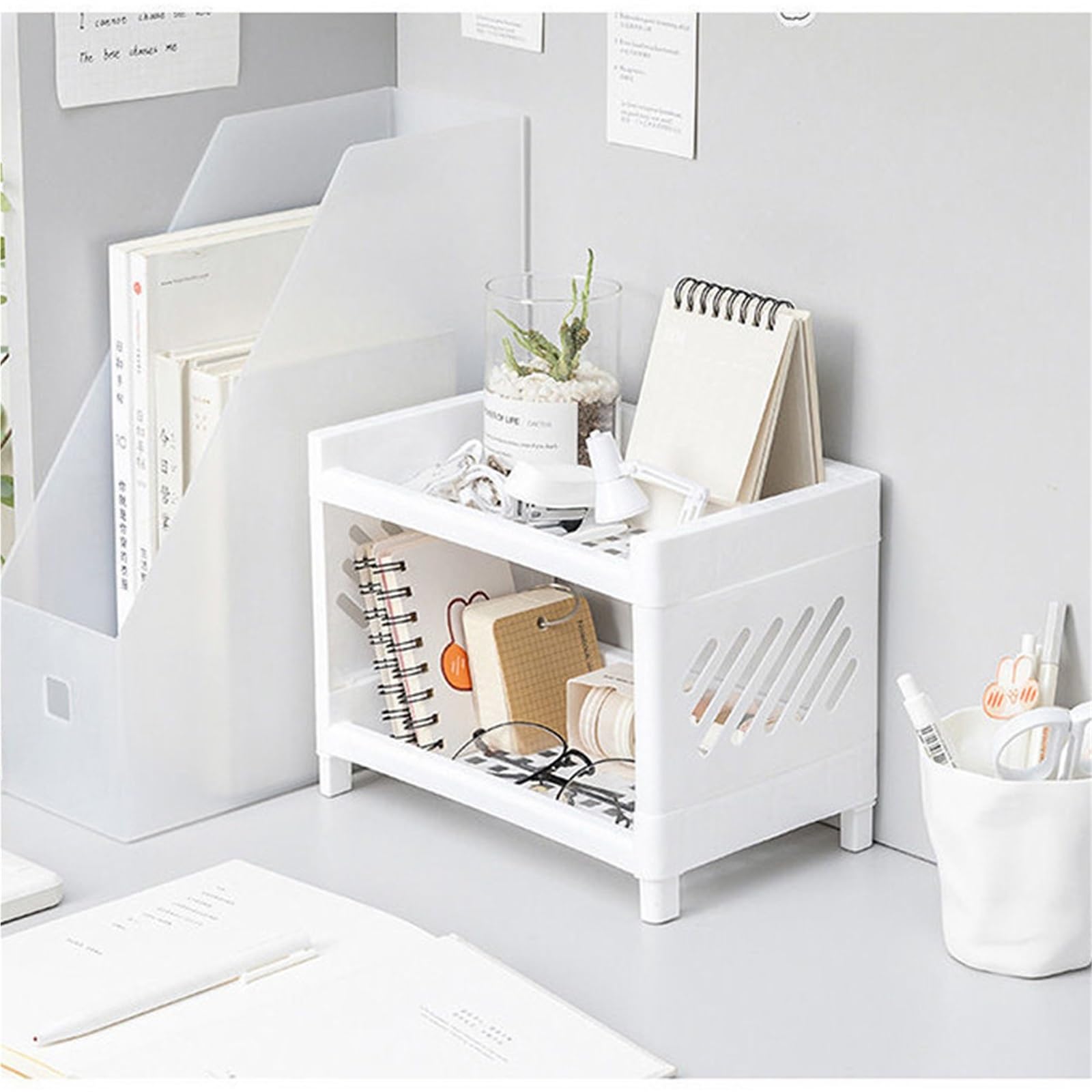 organisateur bureau Desktop Double-layer Plastic Storage Rack Office Stationery And Cosmetics Box Kitchen Bathroom(White 3pcs)