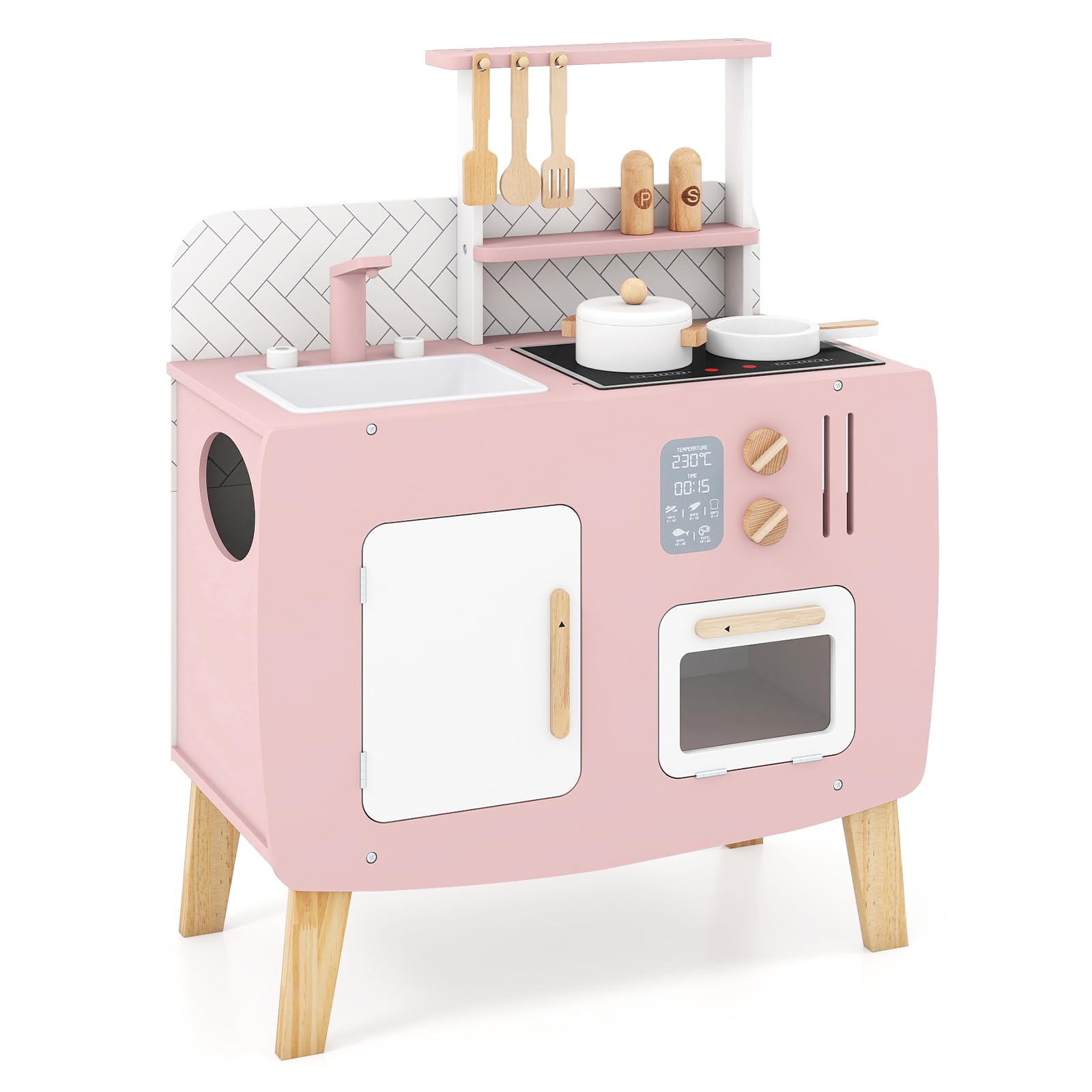 GYMAX Kids Toy Kitchen, Wooden Play Kitchen with Stoves, Oven, Sink and Cooking Accessories, Children Cooking Role Playset for 3+ Years Old Boys Girls