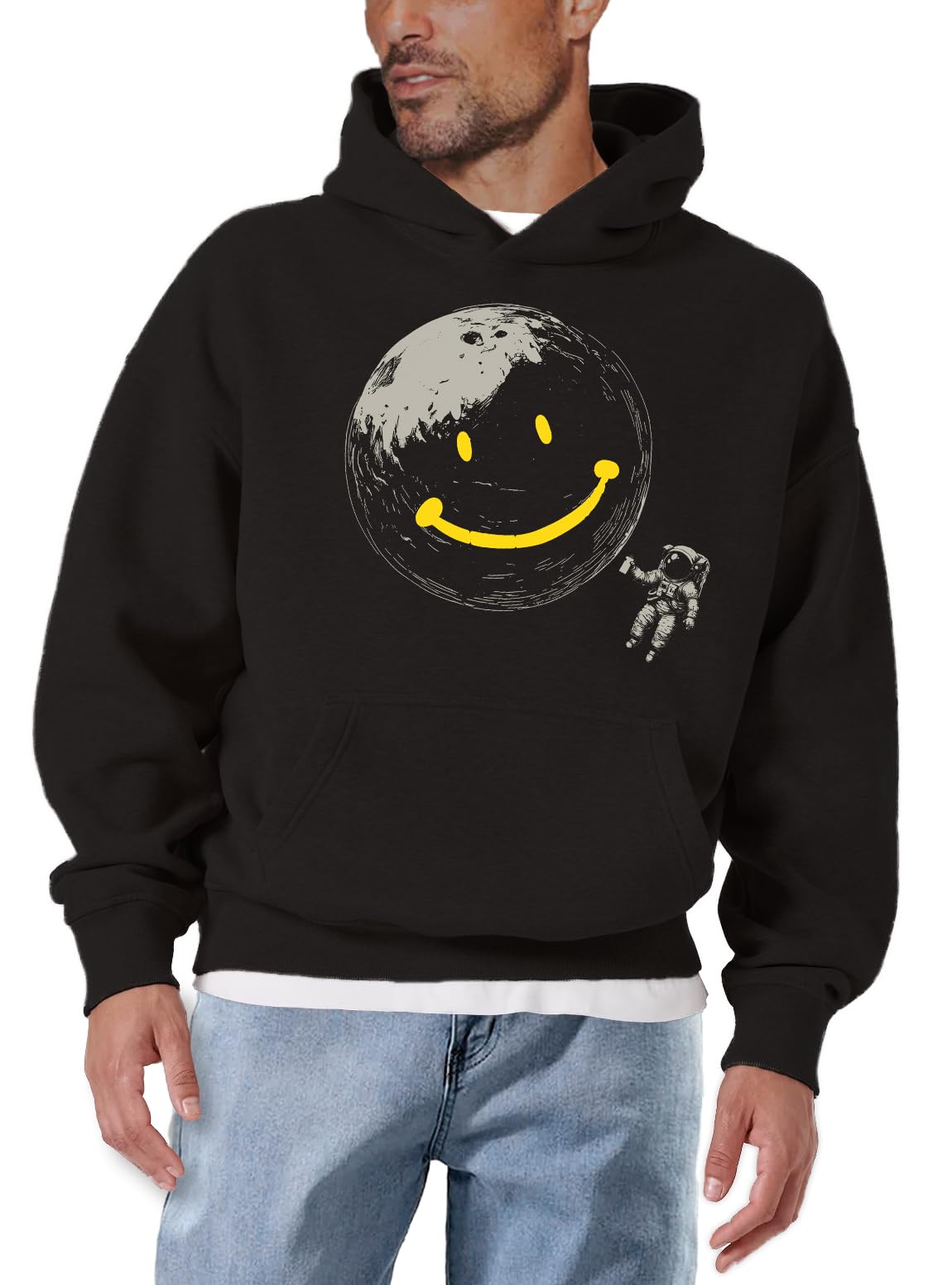 MAKAYA bluza z kapturem męska z motywem graffiti i księżyca astronauta streetwear luźny hoodie