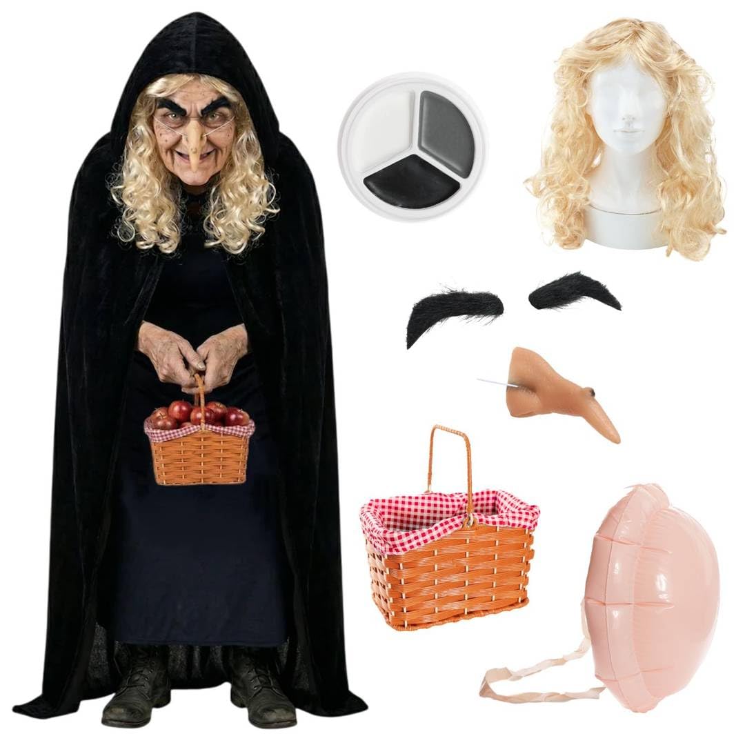 Evil Queen Hag Costume - Old Witch Disguise Set with Black Hooded Cape Blonde Wig Prosthetic Nose Inflatable Hunch Bushy Adhesive Eyebrows Face Paint & Apple Basket Inspired Villain Adults Fancy Dress